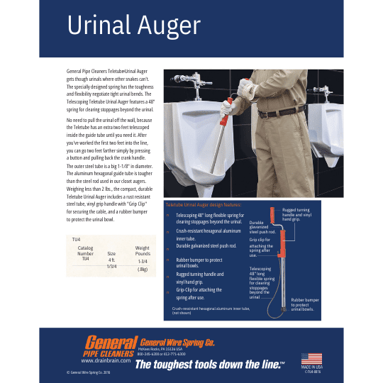 Teletube Urinal Auger TU4 | Telescoping Urinal Auger by General Pipe Cleaners | J.M. McKinney Co General Pipe Cleaners Teletube Urinal Auger TU4 Telescoping Urinal Auger